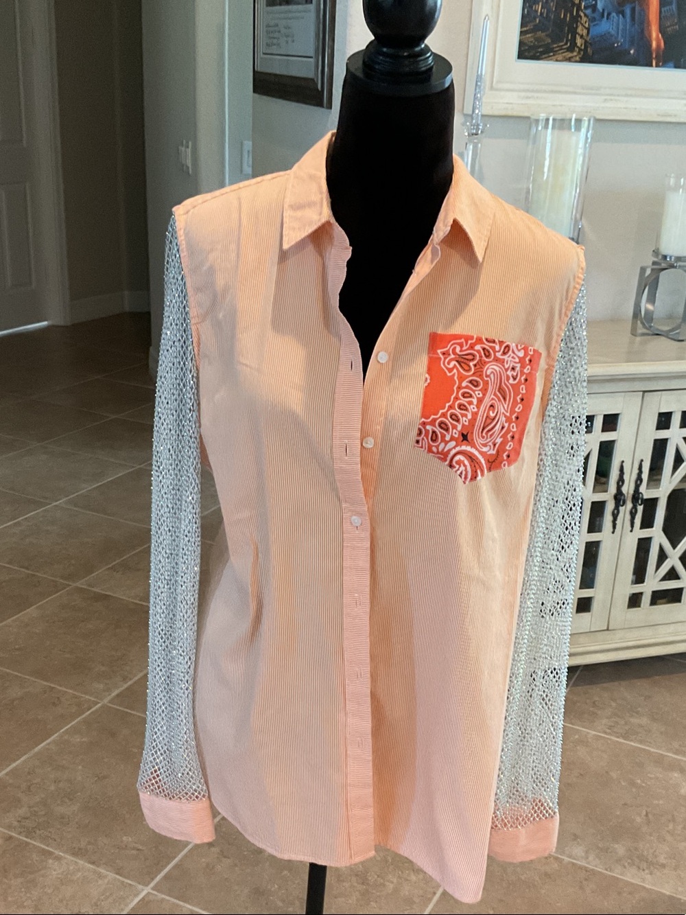 OPD NY upcycled orange/white button down, crystal mesh sleeves